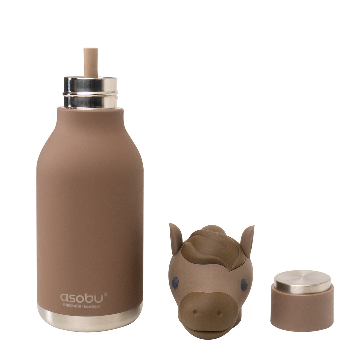 Asobu Bestie Thermosfles Paard - 470 ml op witte achtergrond, met losse onderdelen