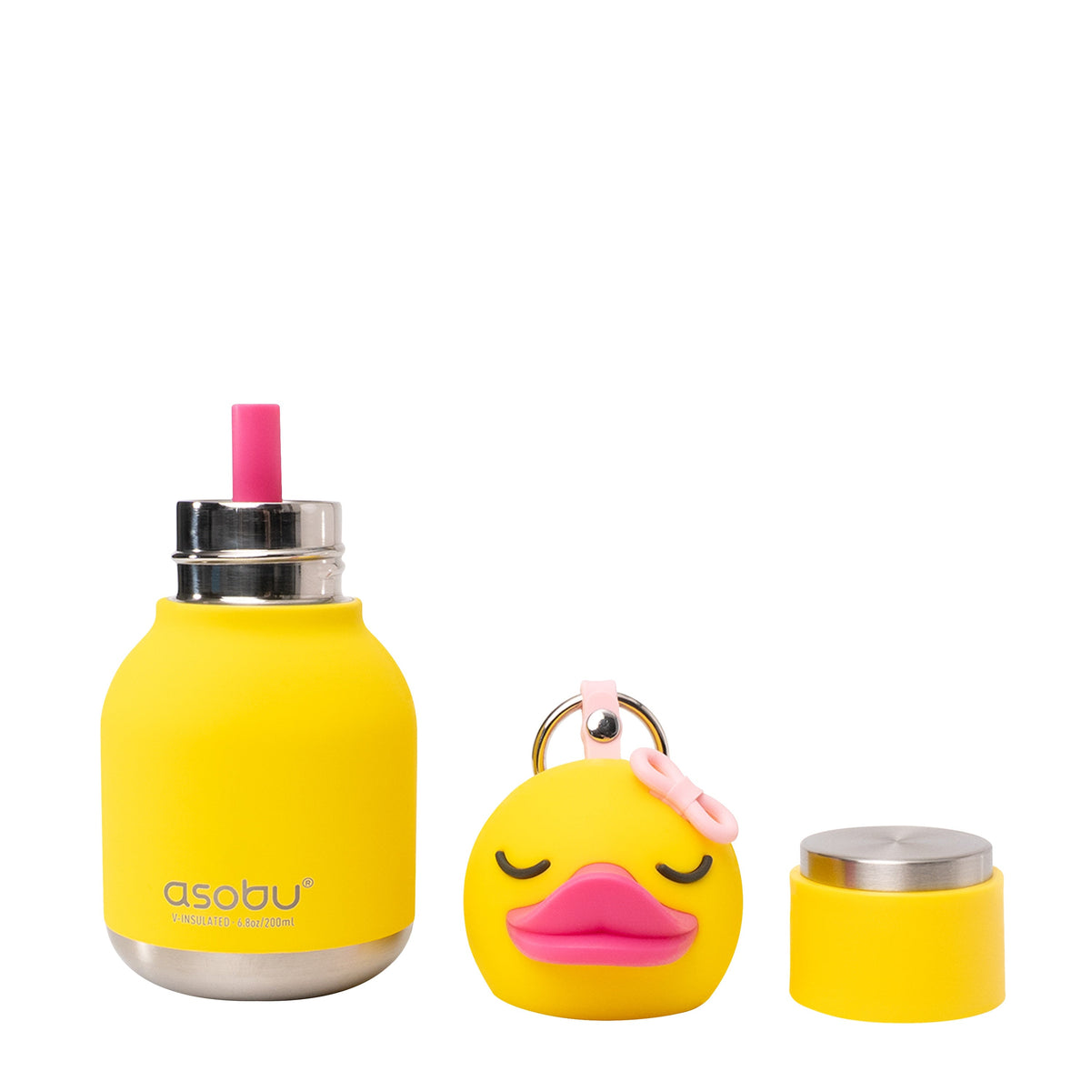 Asobu Mini Bestie Thermosfles Eend - 200 ml op witte achtergrond, met losse onderdelen