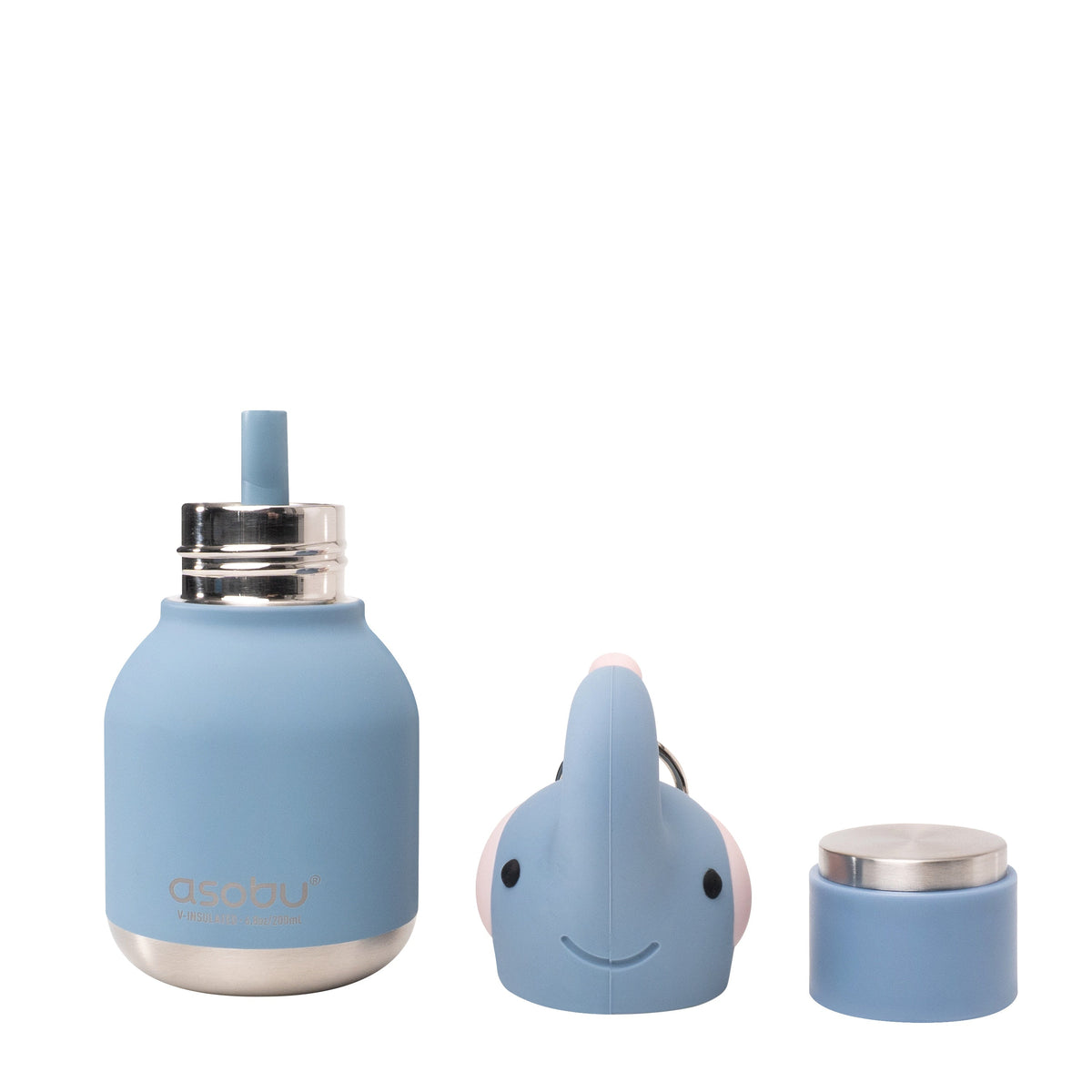 Asobu Mini Bestie Thermosfles Olifant - 200 ml op witte achtergrond, met losse onderdelen