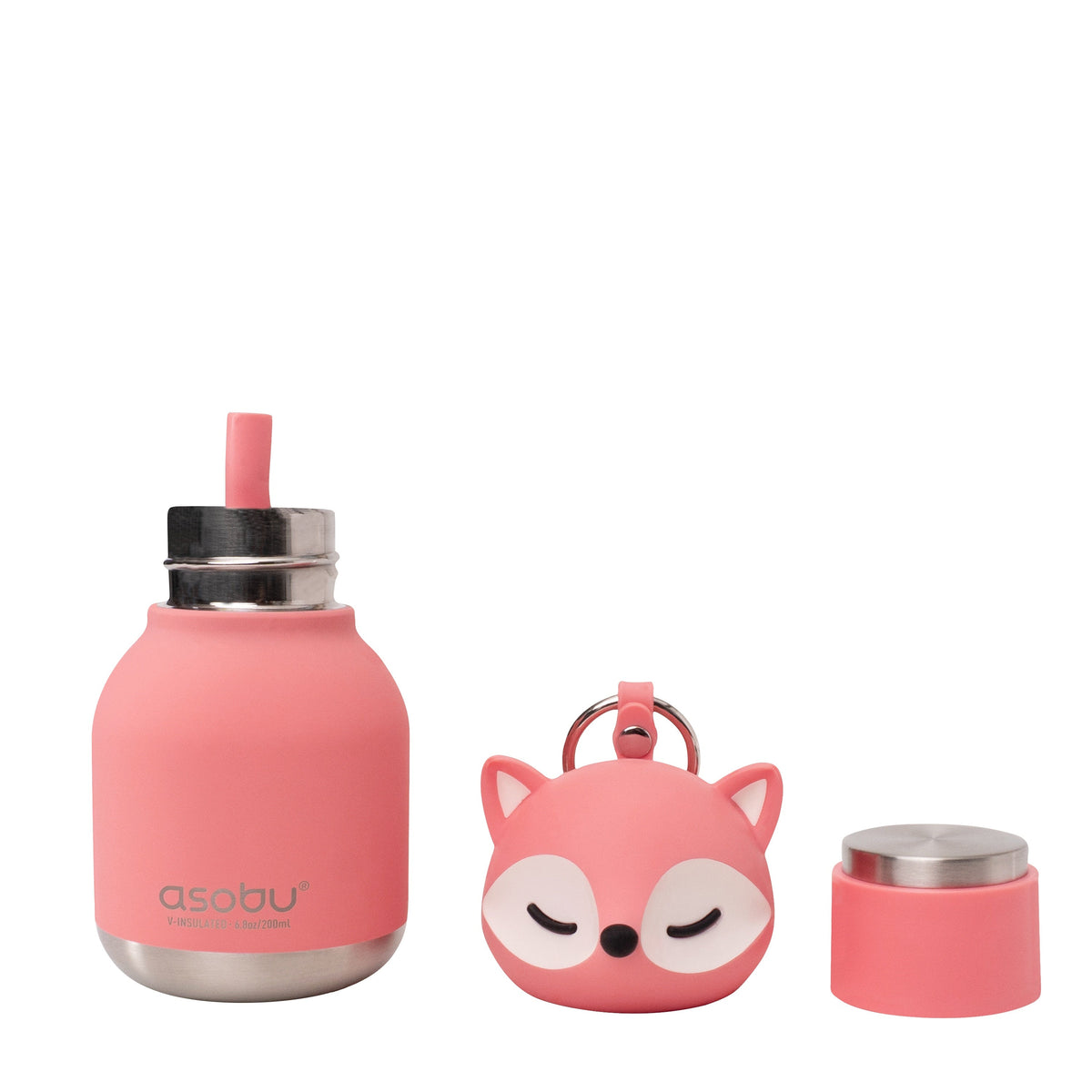 Asobu Mini Bestie Thermosfles Roze Vos - 200 ml op witte achtergrond, met sleutelhanger