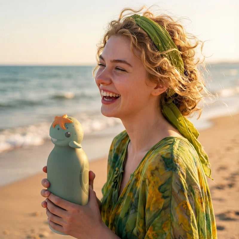 Vrouw op het strand bij zonsondergang met de Asobu Bestie Thermosfles Schildpad