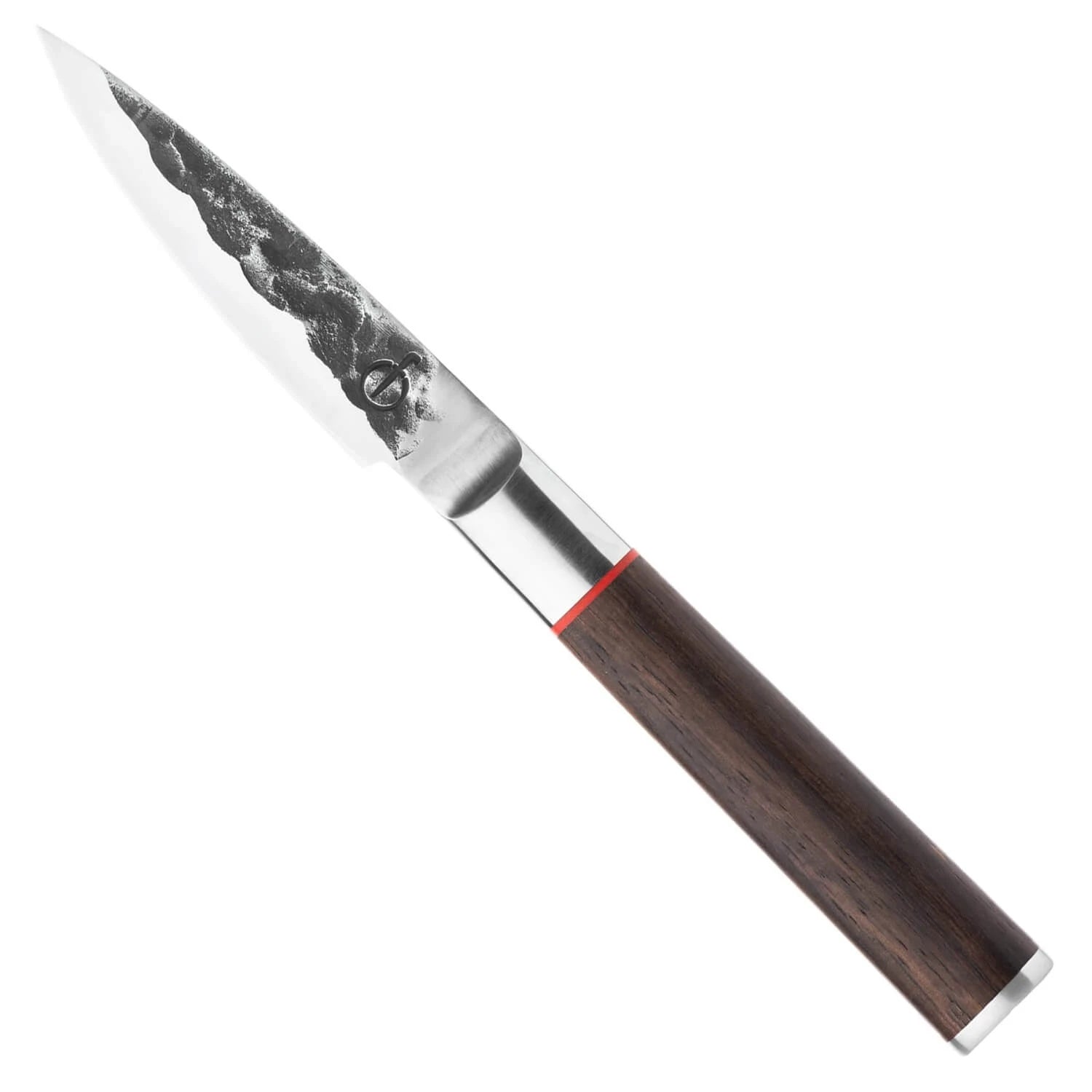 Forged Sebra schilmes op wit, close-up van het gehamerde lemmet