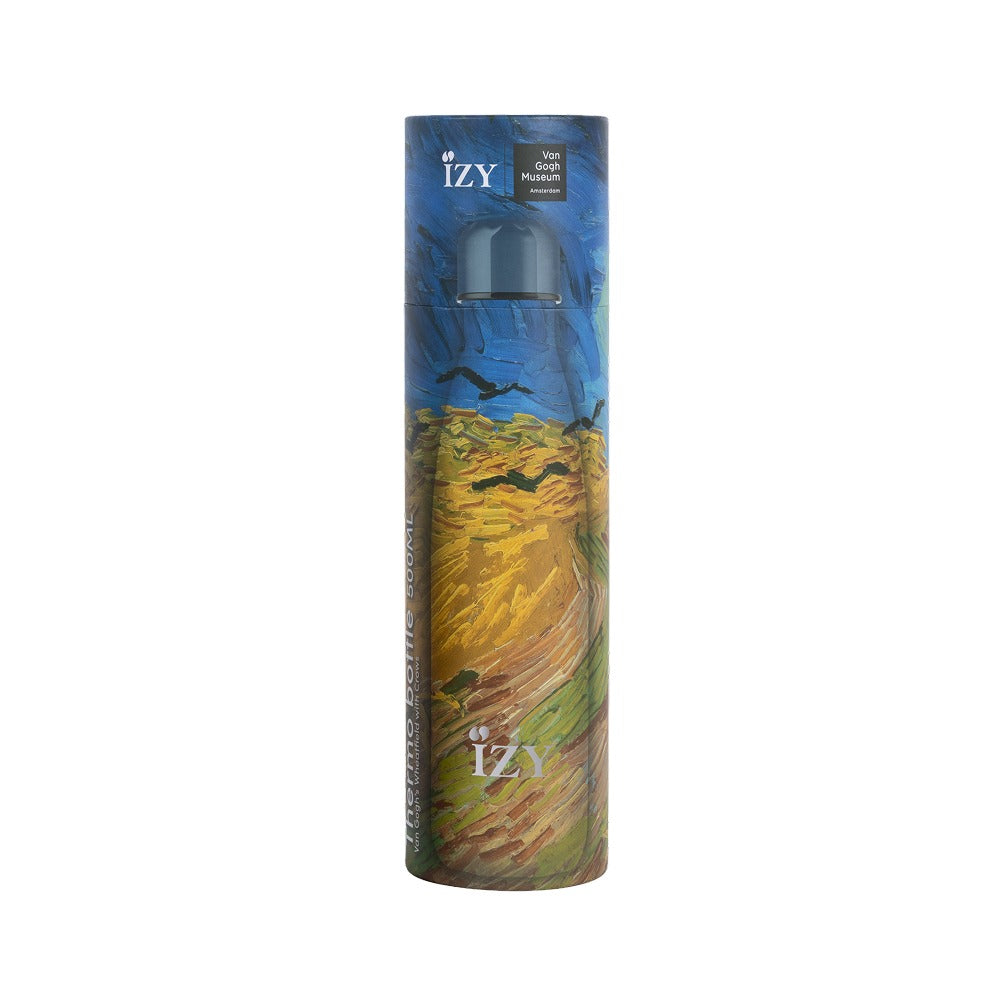 IZY-thermosfles met het schilderij Korenveld met kraaien van Van Gogh in Van Gogh Museum-verpakking