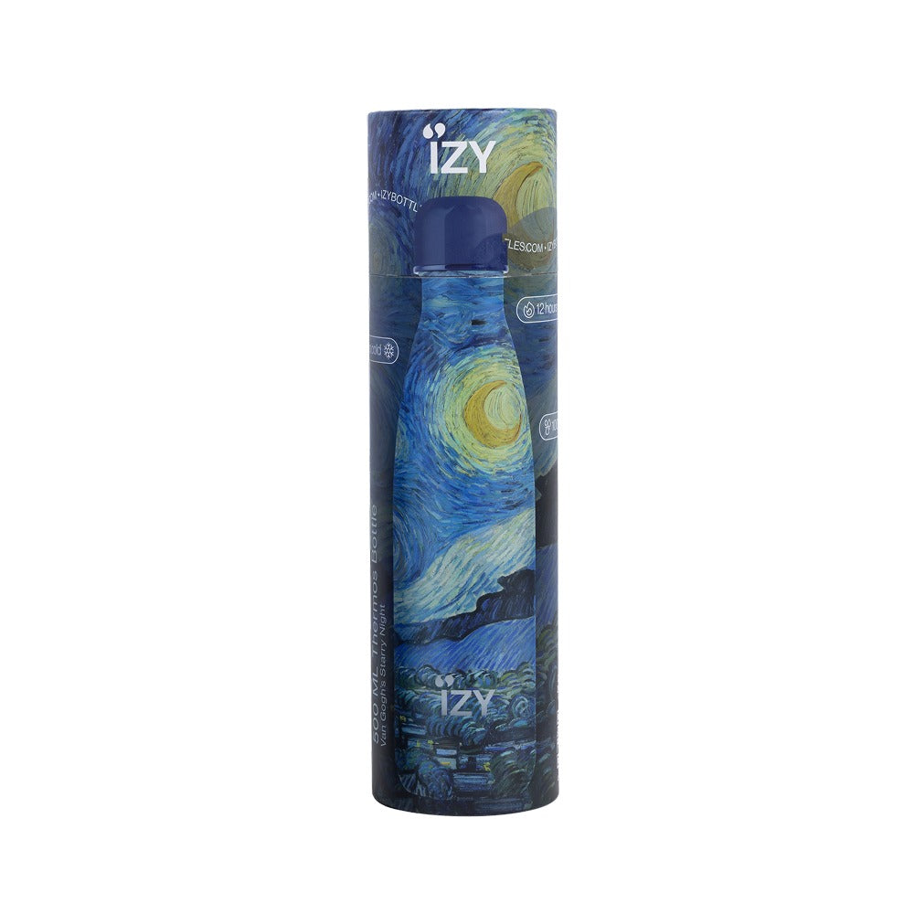 Kartonnen kokerverpakking van de IZY Thermosfles Starry Night Van Gogh naast de fles