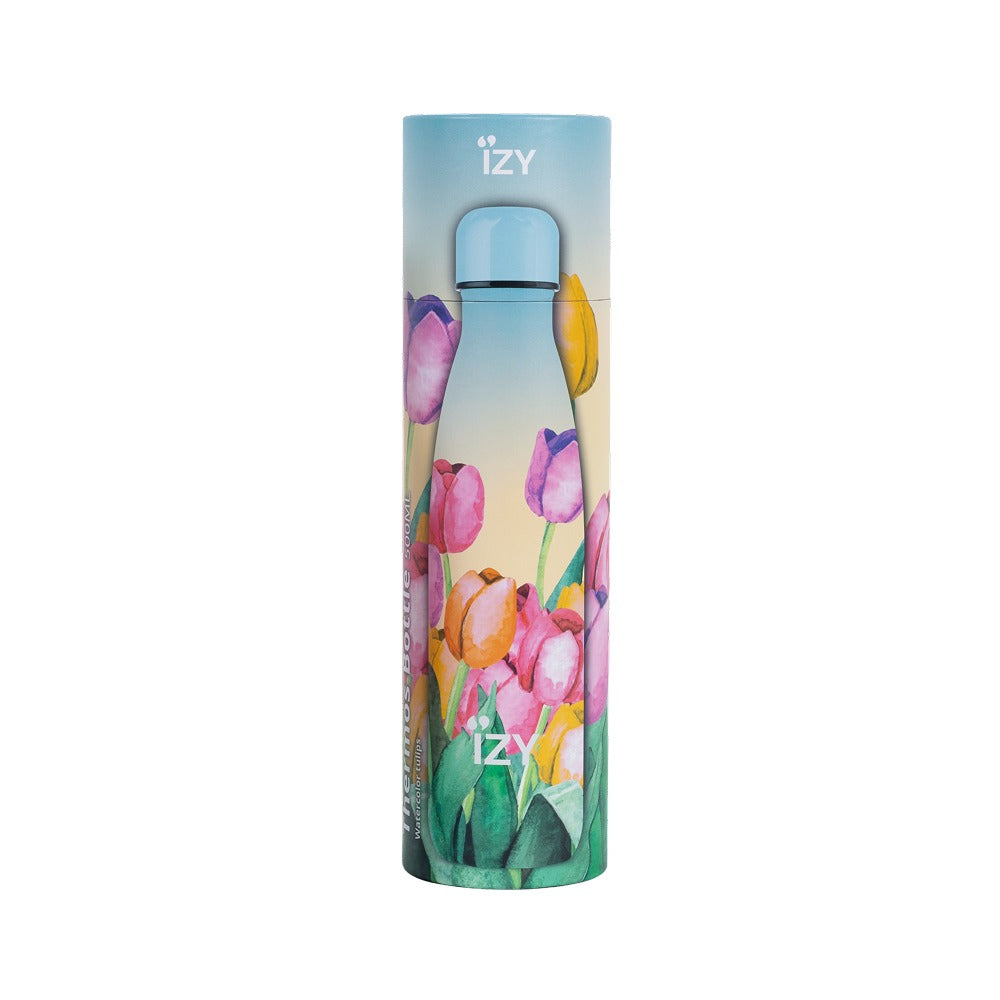 IZY-thermosfles met aquarel tulpenmotief in verpakking