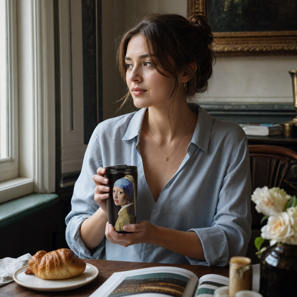 Vrouw aan tafel bij het raam houdt de IZY Thermosbeker Meisje met de Parel vast, met een croissant op tafel