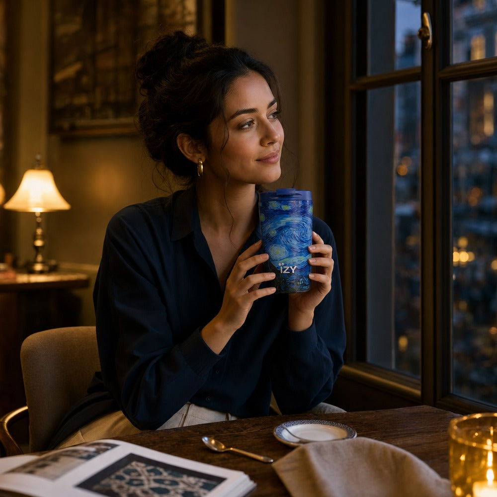 Vrouw houdt de IZY Thermosbeker Starry Night vast aan een tafel bij het raam in de avond