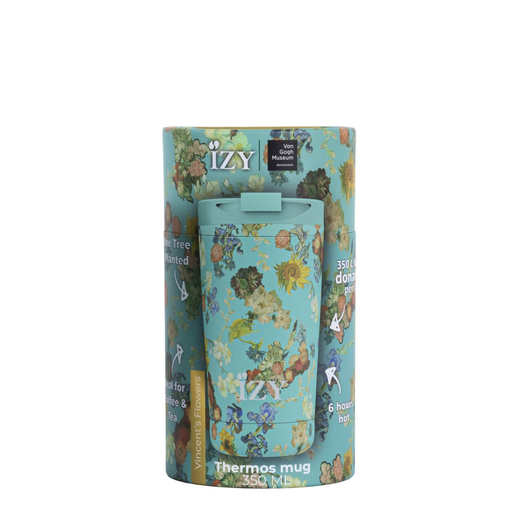 Verpakking van de IZY Thermosbeker Vincent's Flowers met Van Gogh Museum-logo