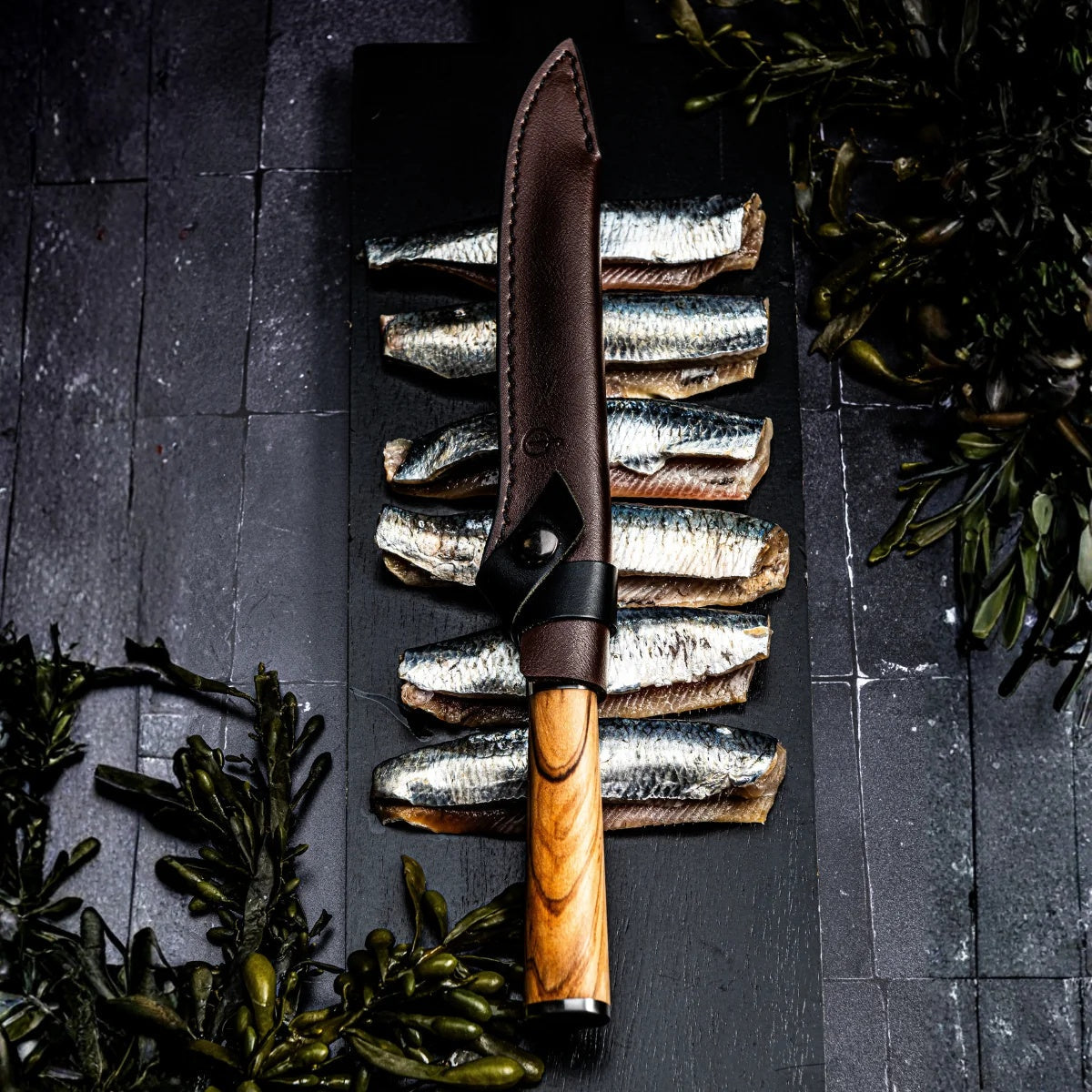 Visfileermes met leren hoes op een donkere plank tussen sardines