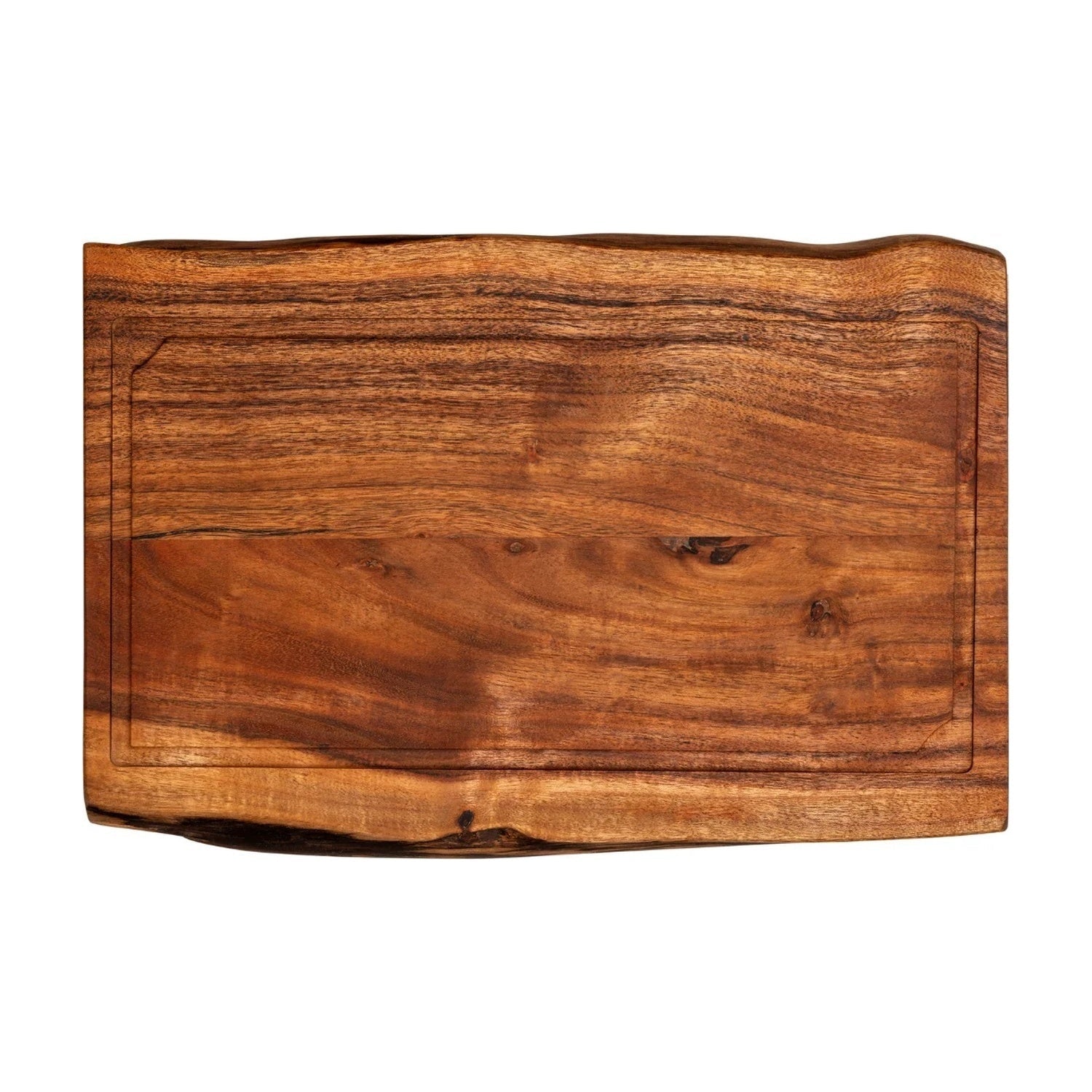Forged acaciahouten snijplank met sapgeul op wit, bovenaanzicht