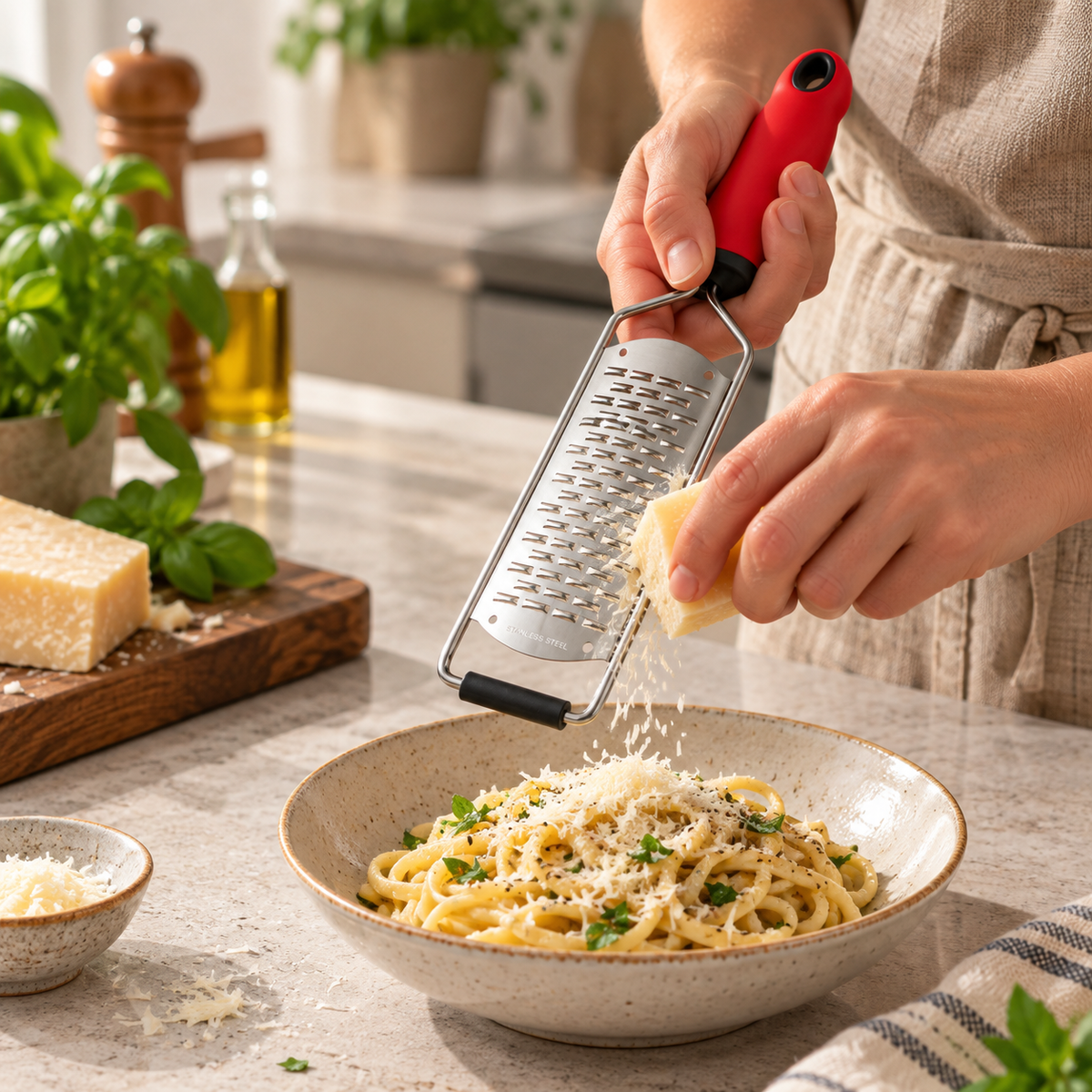 Kaas wordt geraspt boven een bord pasta met de Woerdman Handrasp Fijn - Rood