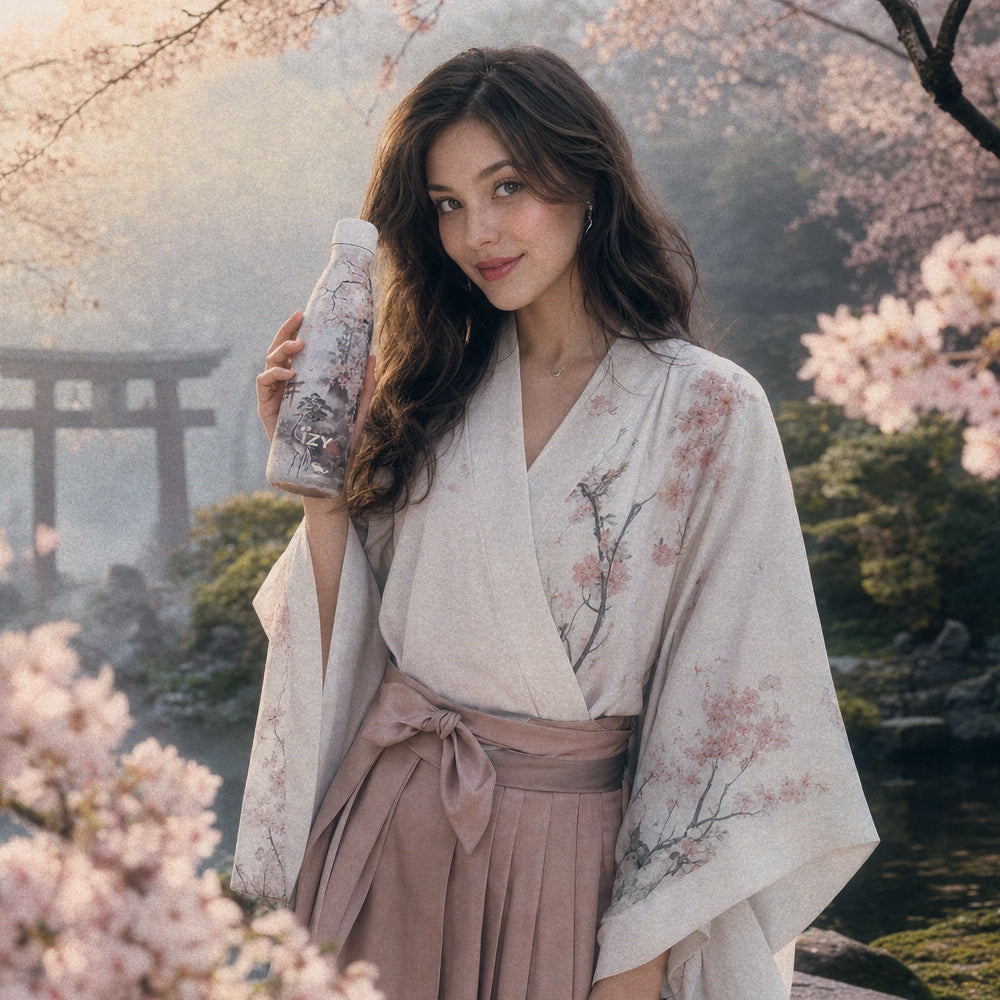 Vrouw in kimono-achtige outfit houdt de IZY Thermosfles Sakura Dreams vast bij een torii-poort tussen kersenbloesem