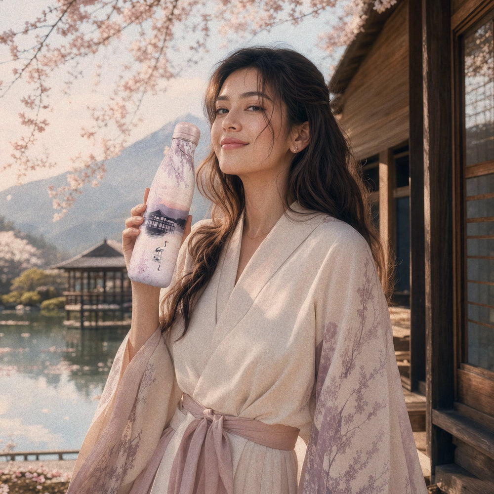 Vrouw in kimono-achtige outfit houdt de IZY Thermosfles Sunset Lake vast bij een meer in de bergen