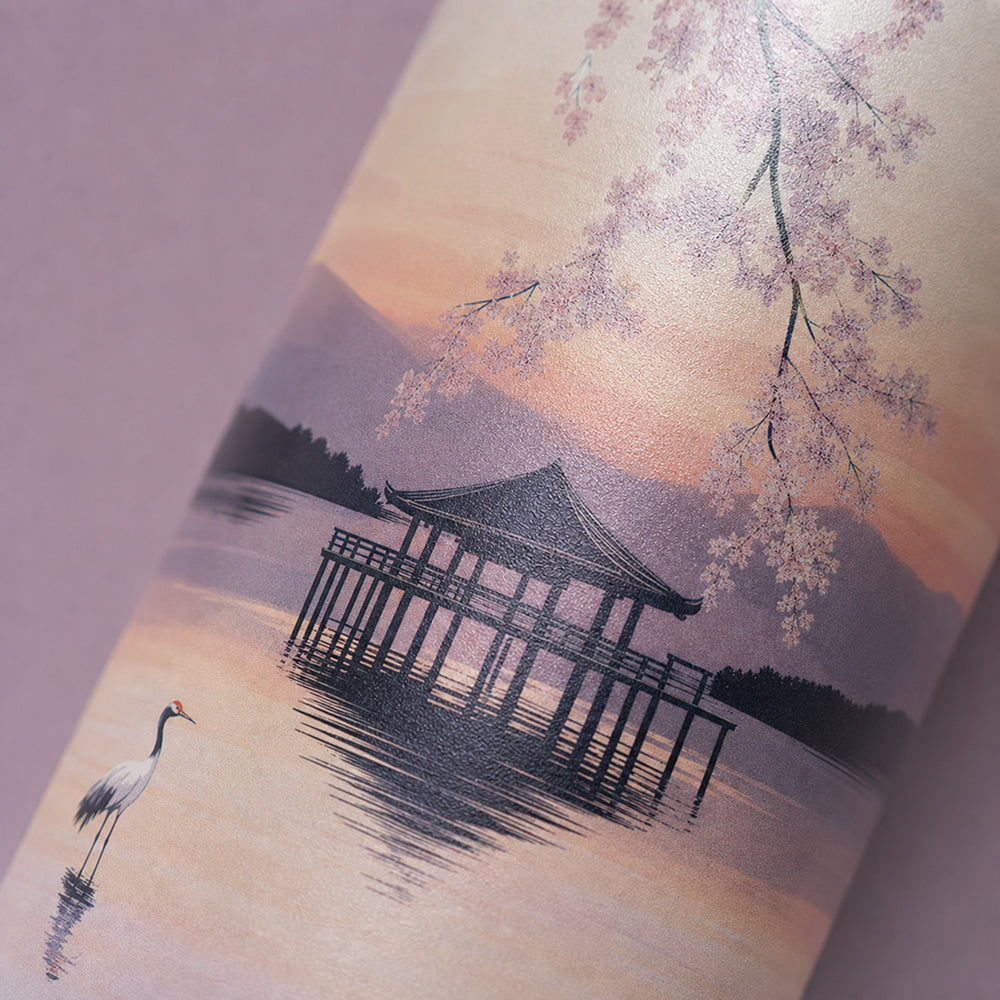Close-up van het aquarel pagode- en watermotief bij zonsondergang op de IZY Thermosfles Sunset Lake