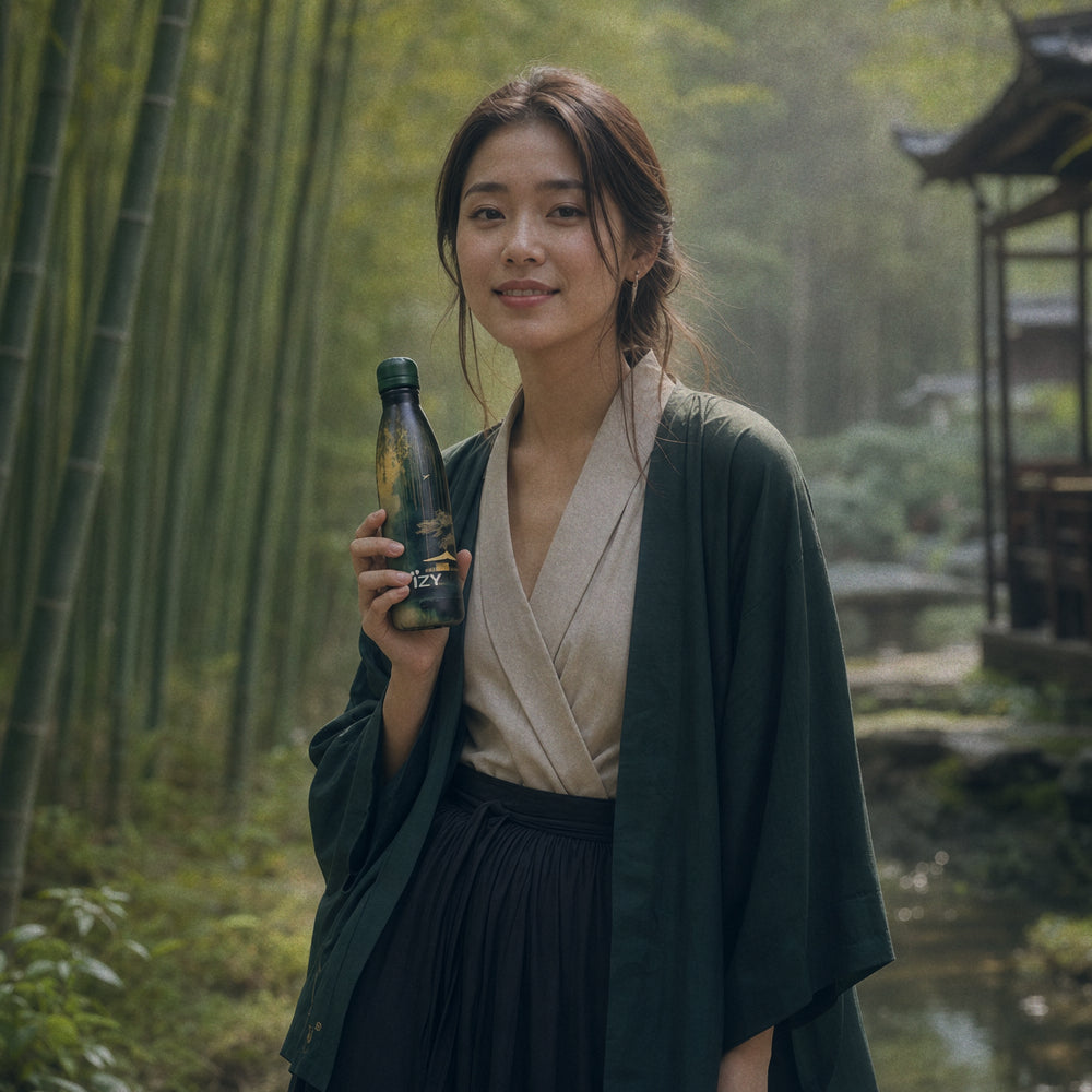Vrouw in een bamboebos houdt de donkergroene IZY Thermosfles Bamboo Glow vast