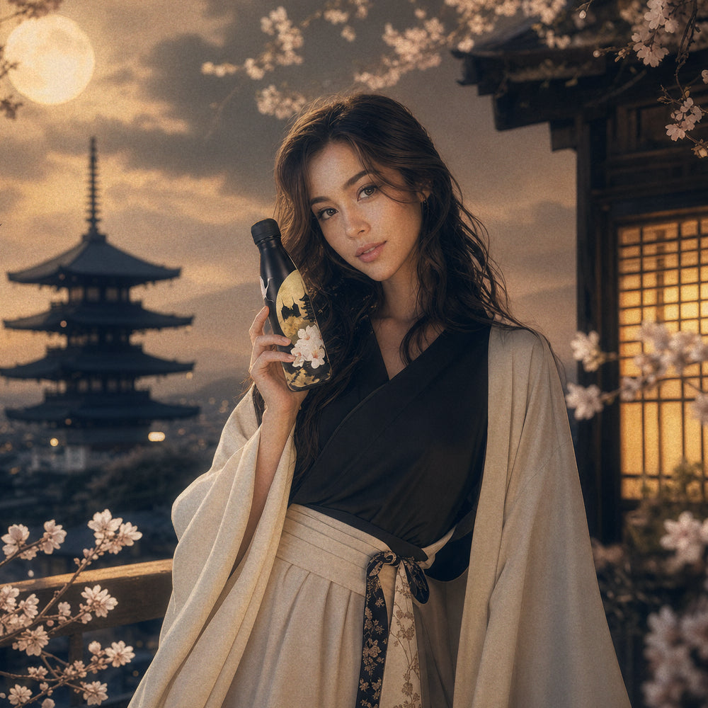Vrouw in Japans geïnspireerde outfit houdt de zwarte IZY Thermosfles Golden Blossom vast bij een pagode in de schemering