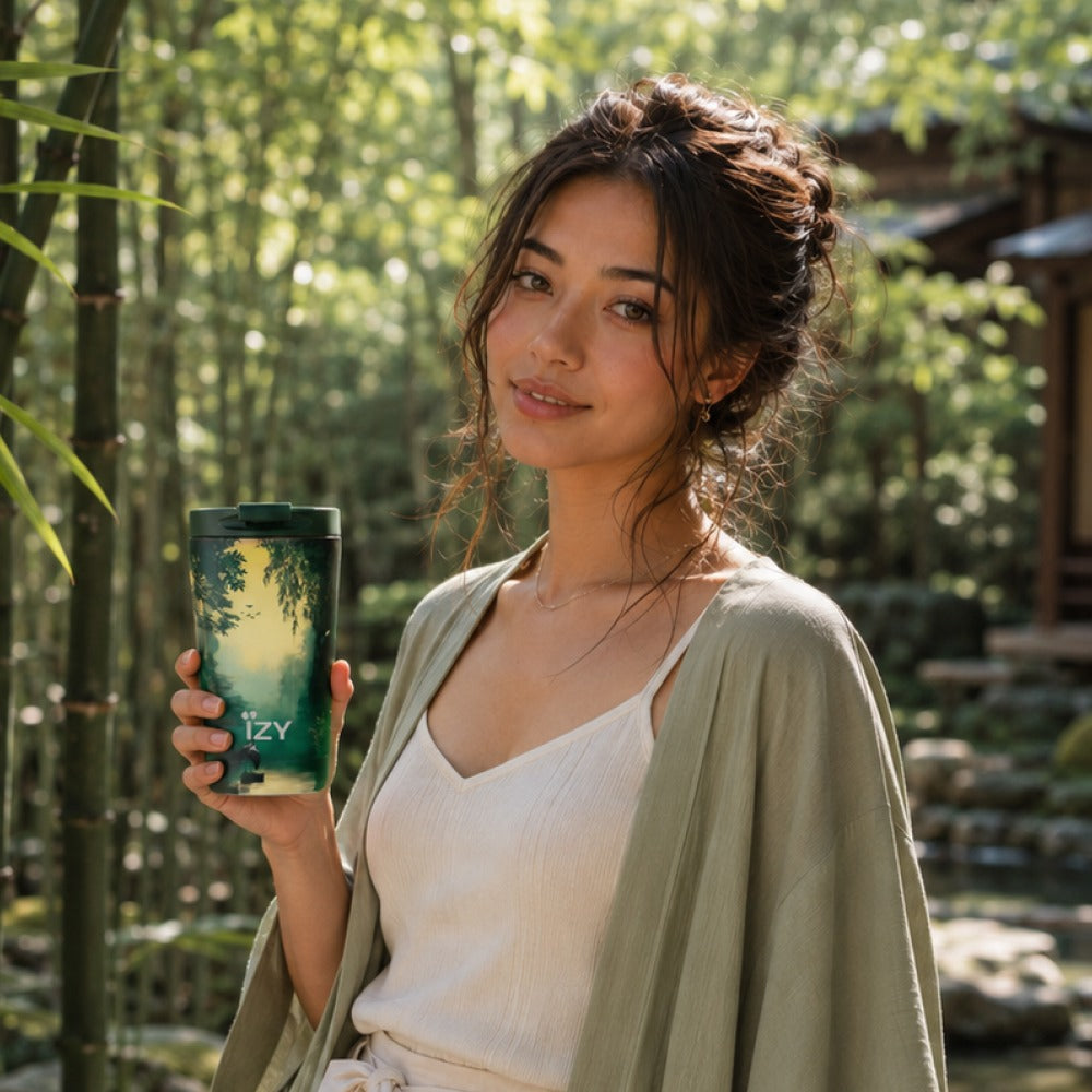 Vrouw houdt de IZY Thermosbeker Bamboo Glow vast in een bamboebos