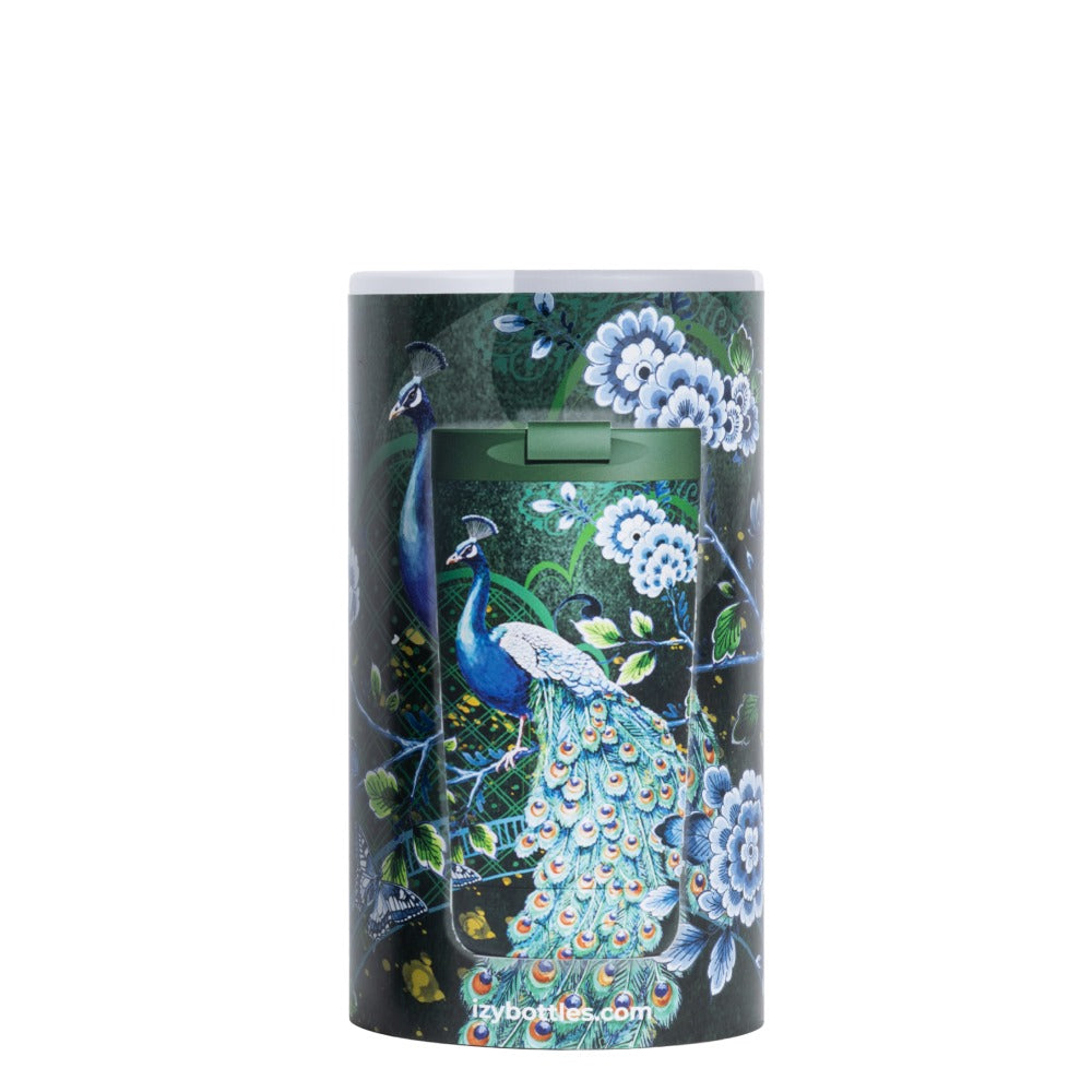 Verpakking van de IZY Thermosbeker Majestic Green met pauw- en bloemenprint