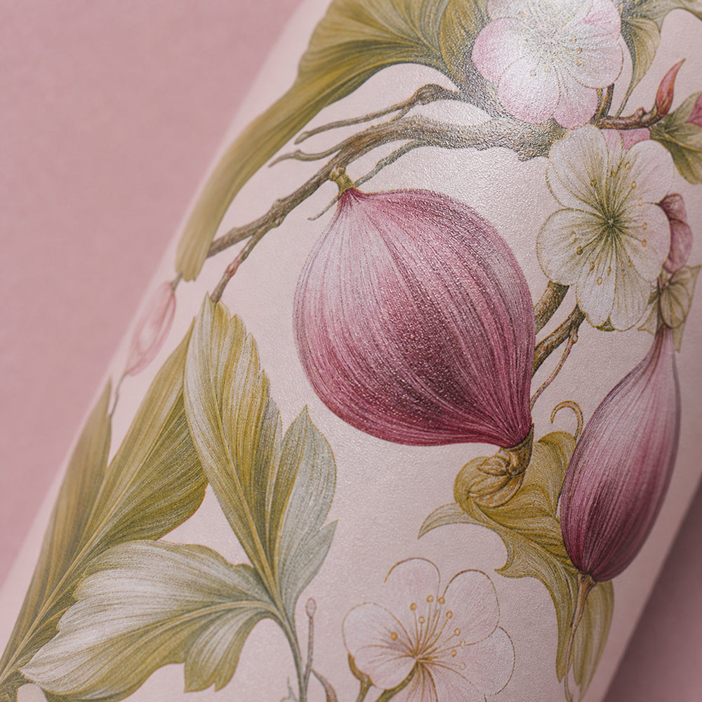Close-up van het roze vijgenmotief met bloesem op de IZY Thermosfles Fico Rosa