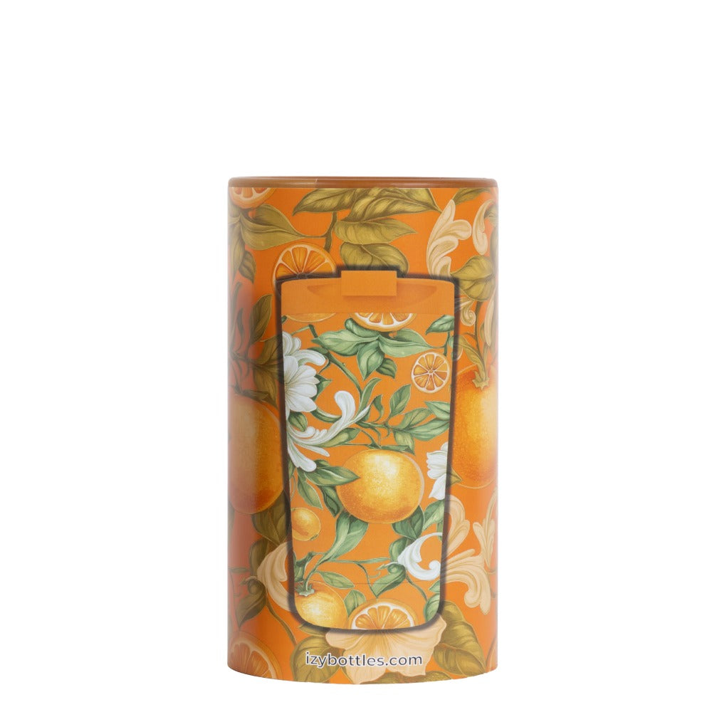 Verpakking van de IZY Thermosbeker Fiore d'Arancia met sinaasappelprint