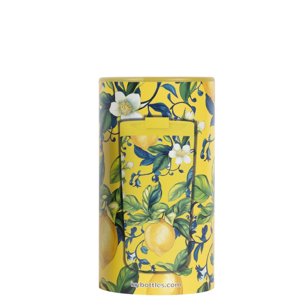 Verpakking van de IZY Thermosbeker Giallo Limone met citroenprint