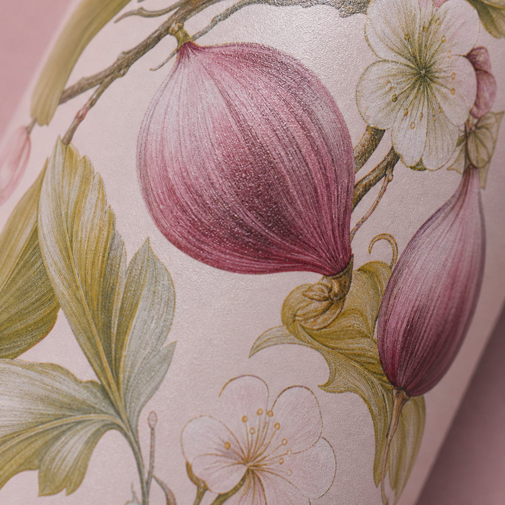 Close-up van het roze vijgenmotief met bloesem op de IZY Thermosbeker Fico Rosa