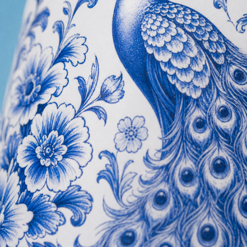 Close-up van het wit-blauwe pauwmotief op de IZY Travel Bottle