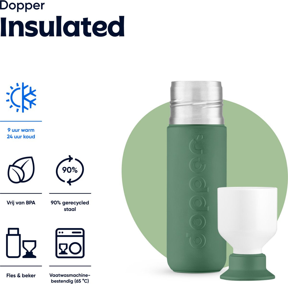 Dopper Insulated Pine Green in de compacte 350 ml maat, met beker en iconen voor 9 uur warm, 24 uur koud, BPA-vrij en vaatwasmachinebestendig