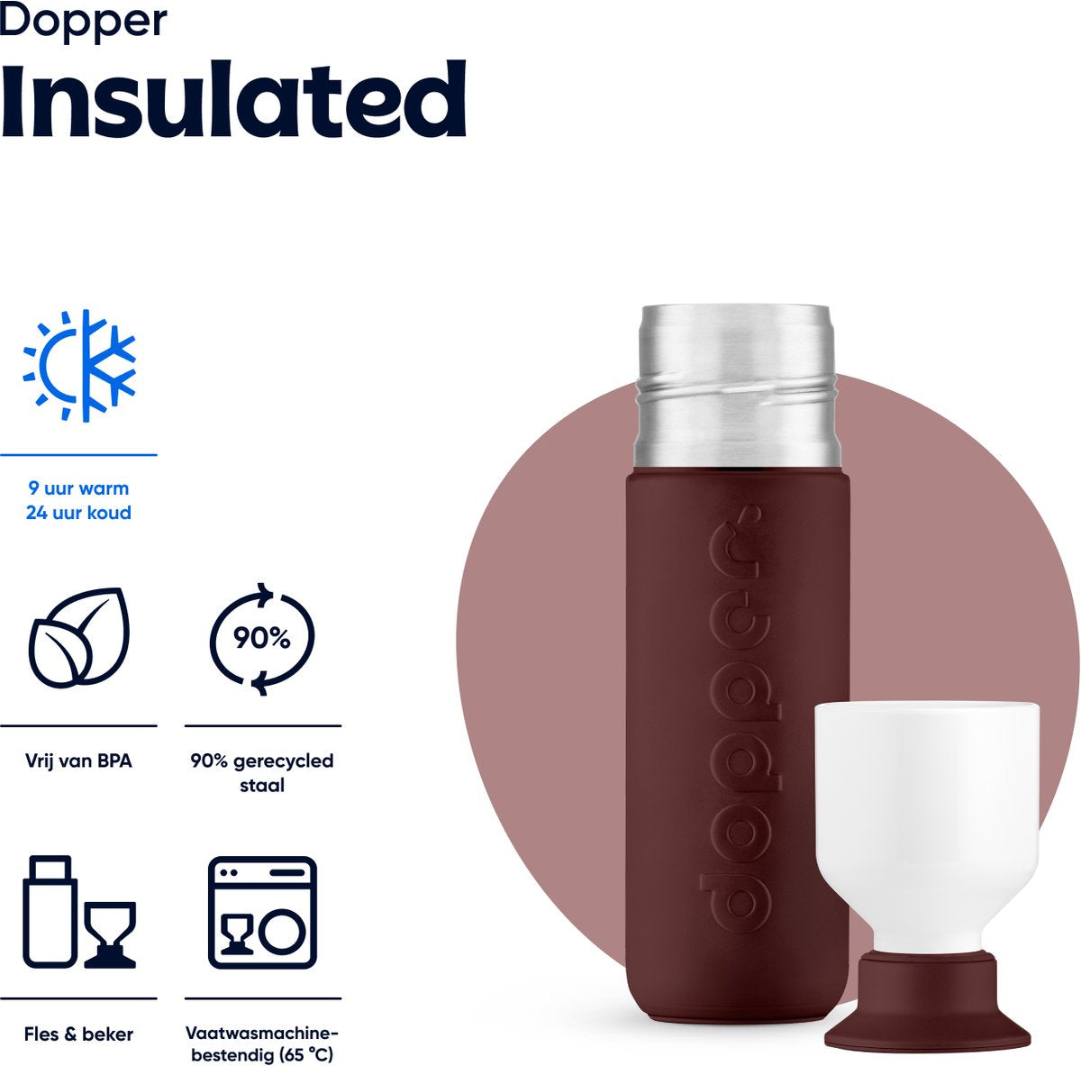 Dopper Insulated Cedar Brown in de compacte 350 ml maat, met beker en iconen voor 9 uur warm, 24 uur koud, BPA-vrij en vaatwasmachinebestendig