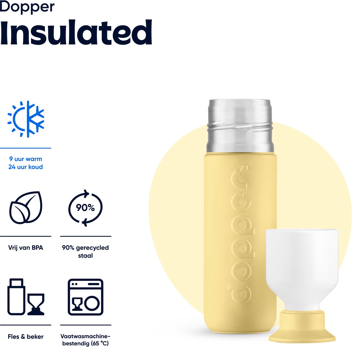 Dopper Insulated Maple Yellow in de compacte 350 ml maat, met beker en iconen voor 9 uur warm, 24 uur koud, BPA-vrij en vaatwasmachinebestendig