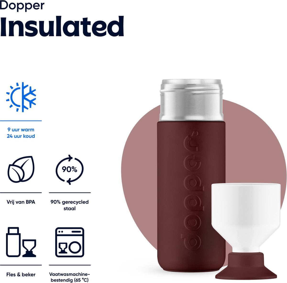 Dopper Insulated Cedar Brown in de grotere 580 ml maat, met beker en iconen voor 9 uur warm, 24 uur koud, BPA-vrij en vaatwasmachinebestendig
