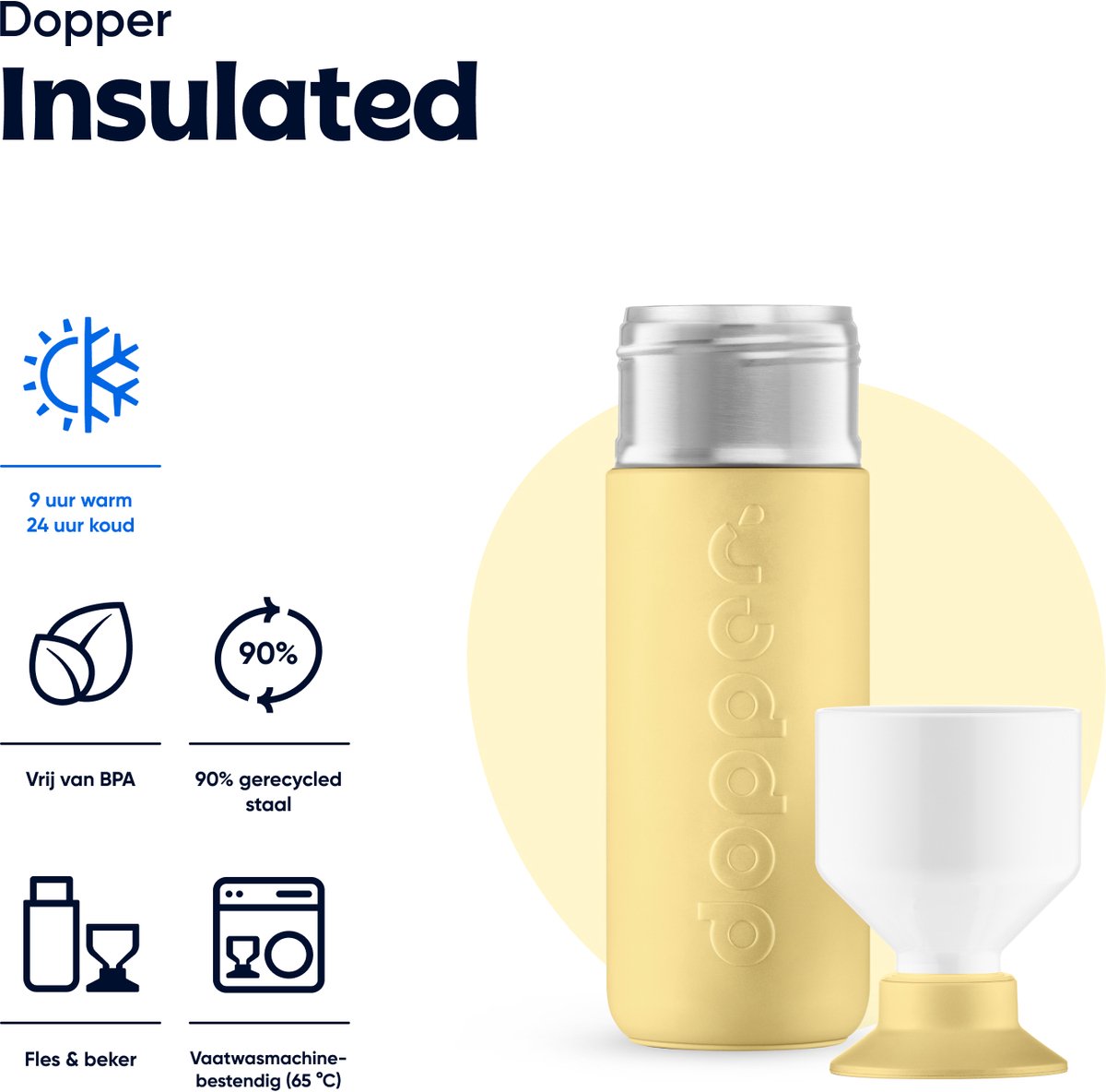 Dopper Insulated Maple Yellow in de grotere 580 ml maat, met beker en iconen voor 9 uur warm, 24 uur koud, BPA-vrij en vaatwasmachinebestendig