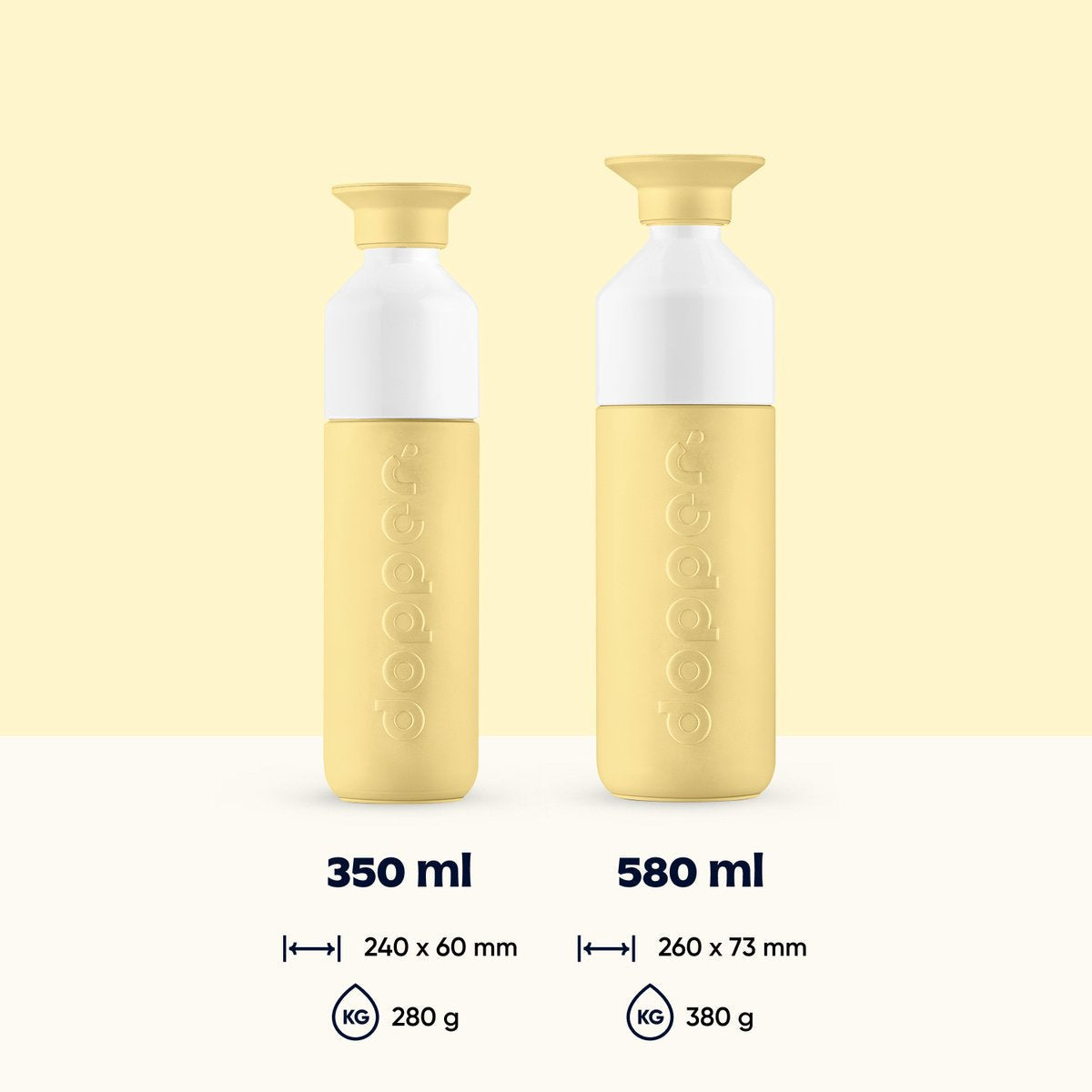 Dopper Insulated Maple Yellow in 580 ml naast de compactere 350 ml versie, met afmetingen en gewicht
