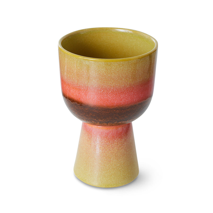 HKLiving Retro Bloempot Lime Green, hele pot met geel-rood-zwart glazuur op voetje