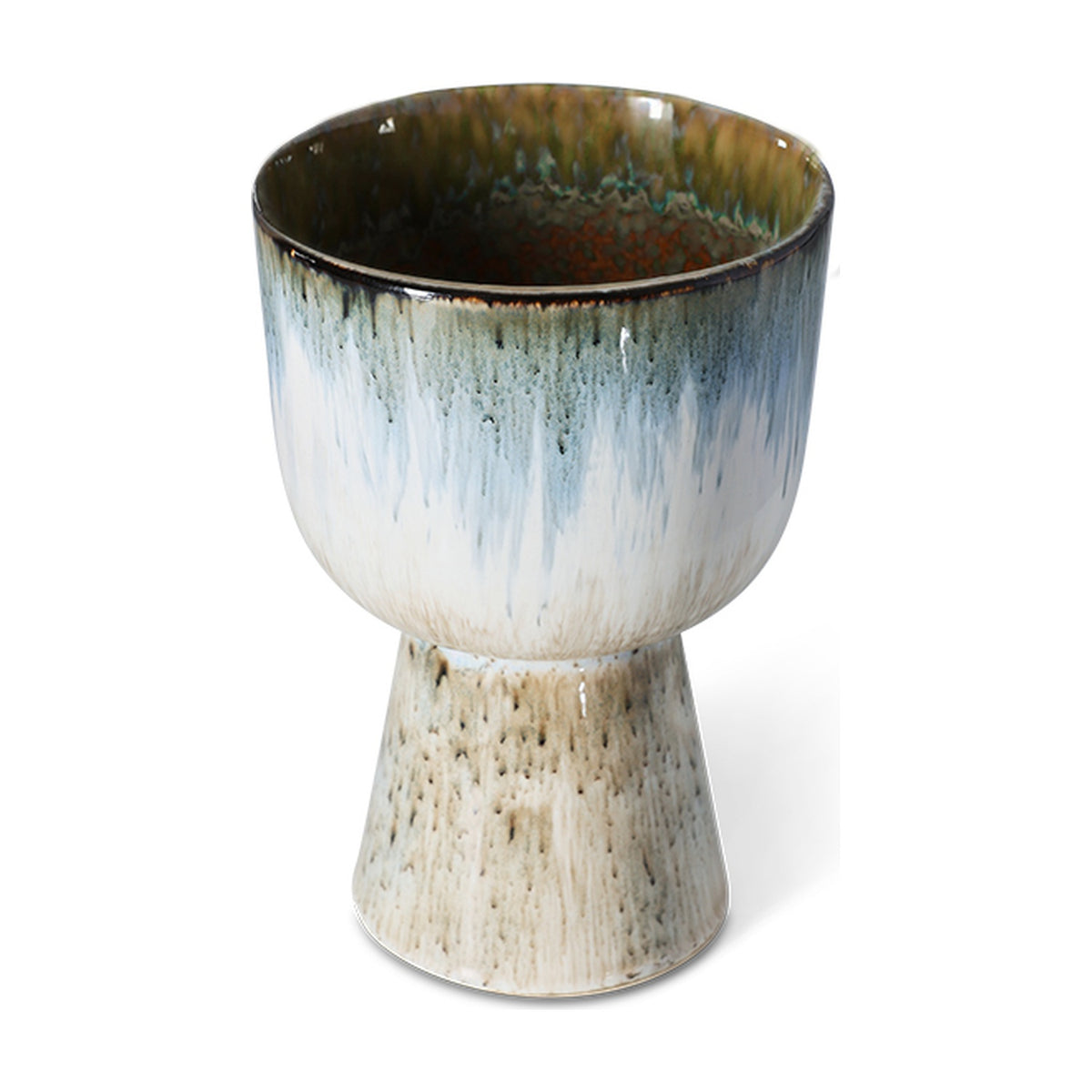 HKLiving Retro Bloempot Glacier, hele pot met blauw-crème glazuur op voetje
