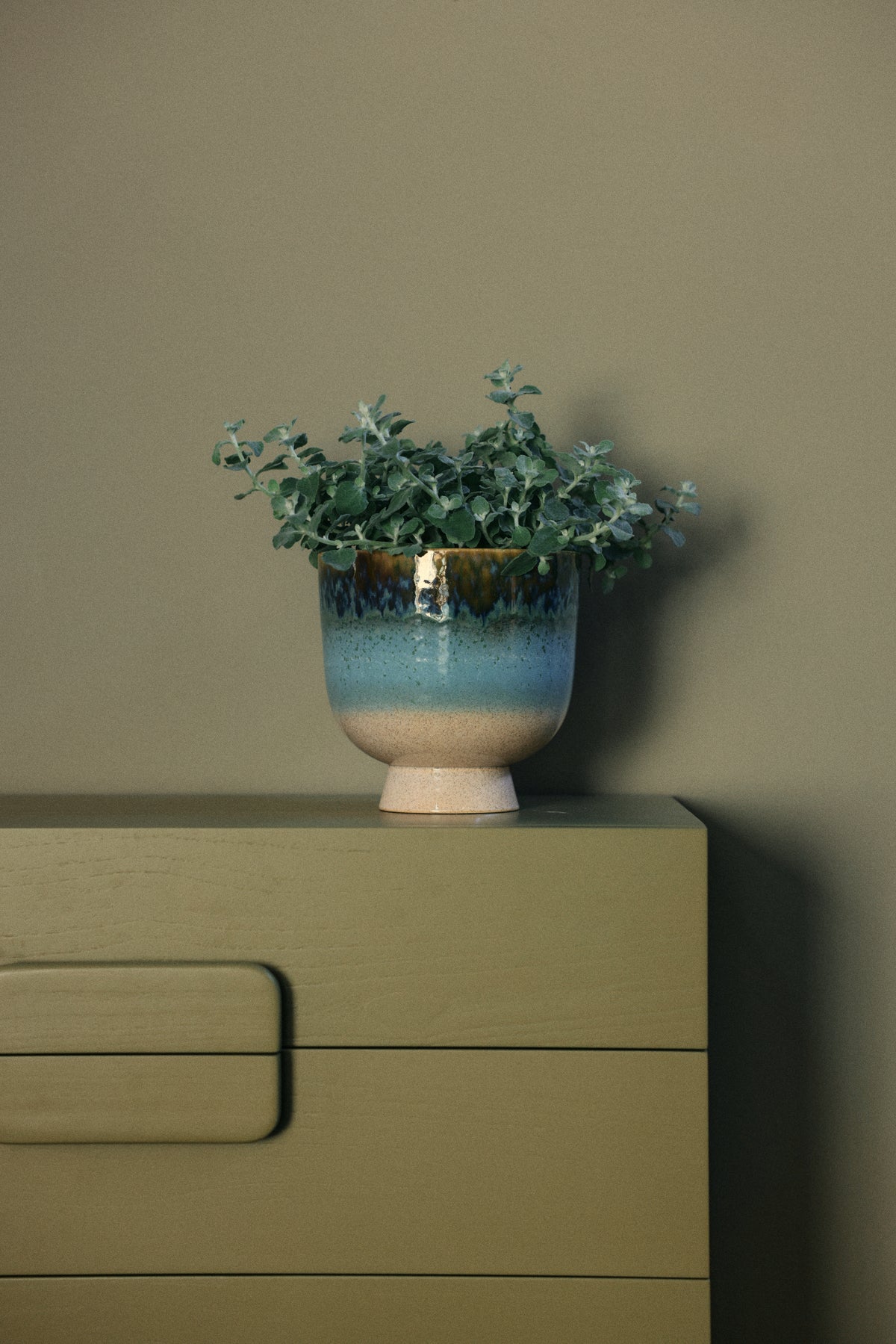 HKLiving Retro Bloempot Lagoon met een plant op een groene commode