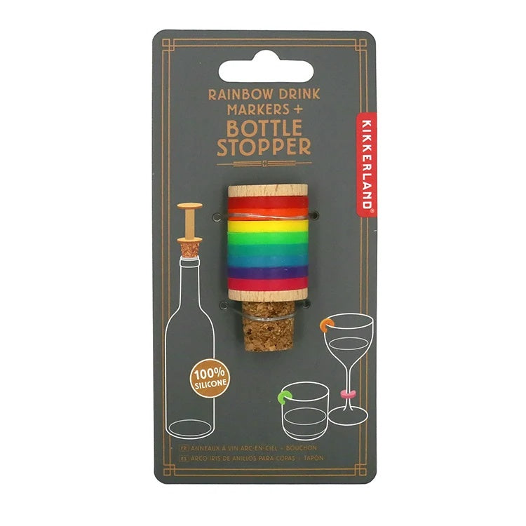 Kikkerland Wijnmarkers met Stopper - Regenboog, verpakking op witte achtergrond