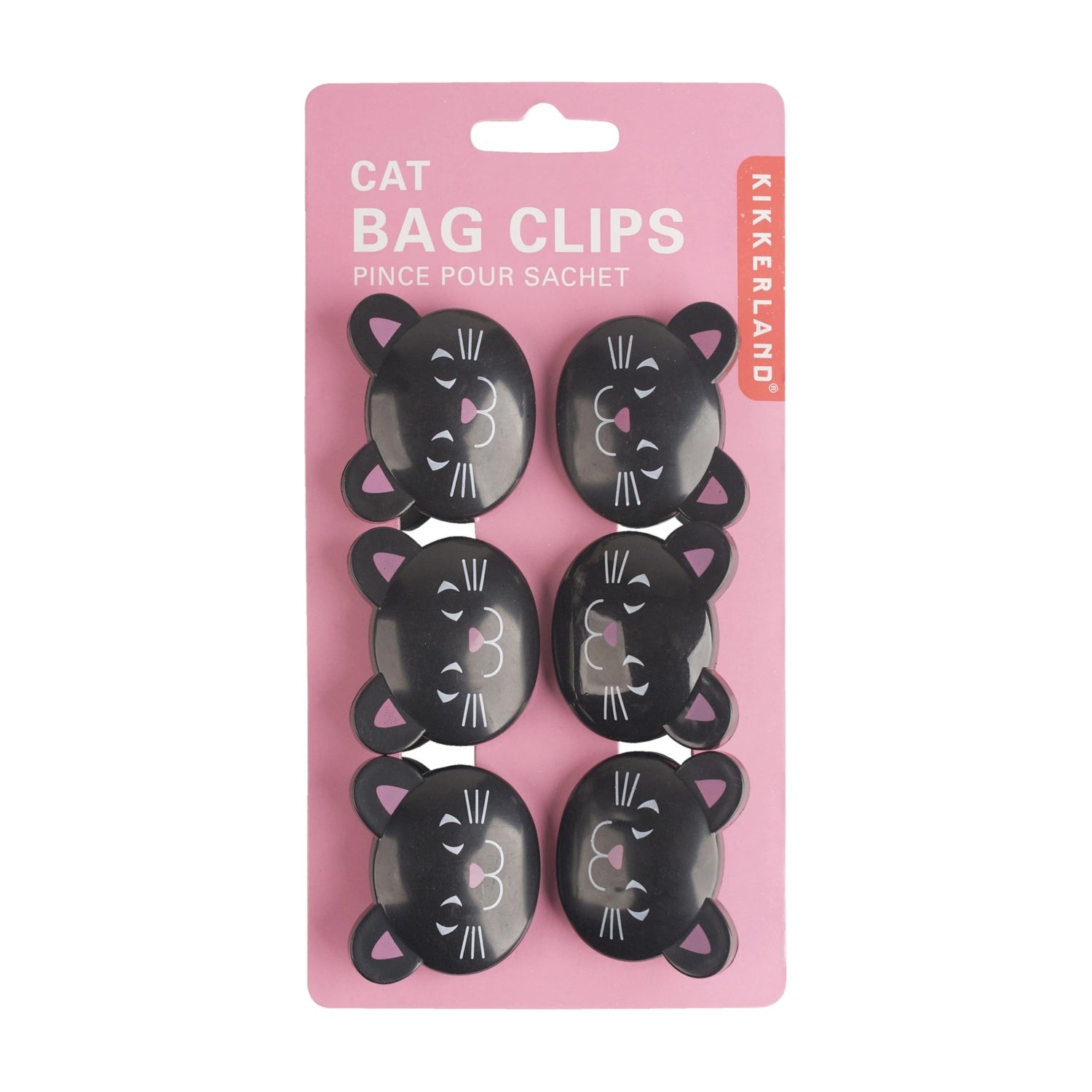 Kikkerland Bagclips Zwarte Kat - 6 stuks, verpakking op witte achtergrond