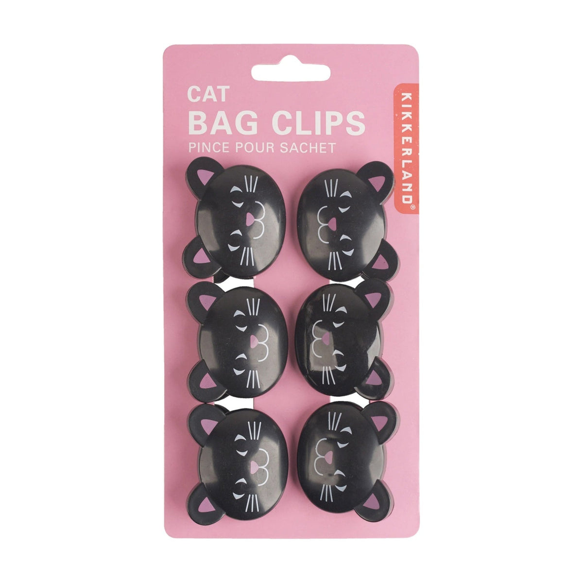 Kikkerland Bagclips Zwarte Kat - 6 stuks, verpakking op witte achtergrond