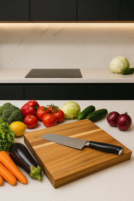 Vierkant Basic Culinair teakhouten hakblok met santokumes op het aanrecht, groenten eromheen