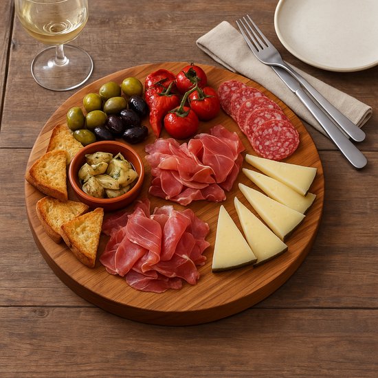 Rond Basic Culinair teakhouten hakblok als borrelplank met ham, kaas, worst en olijven, wijnglas ernaast