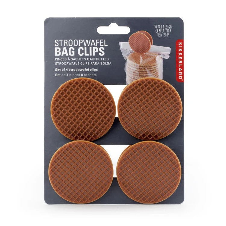 Kikkerland Bagclips Stroopwafel - 4 stuks, verpakking op witte achtergrond
