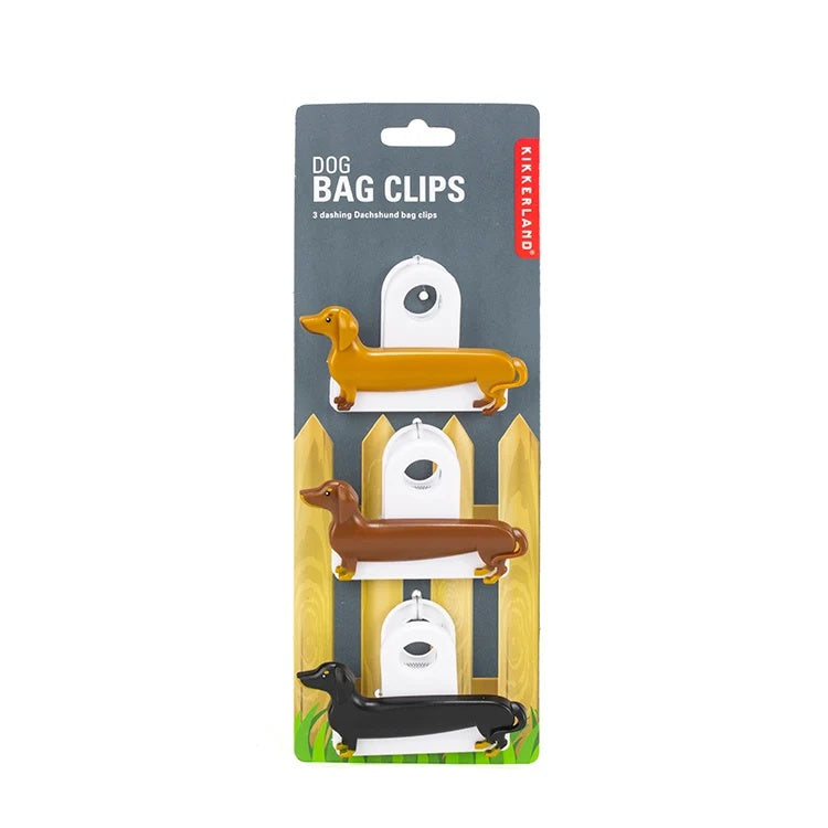 Kikkerland Bagclips Teckel - 3 stuks, verpakking op witte achtergrond
