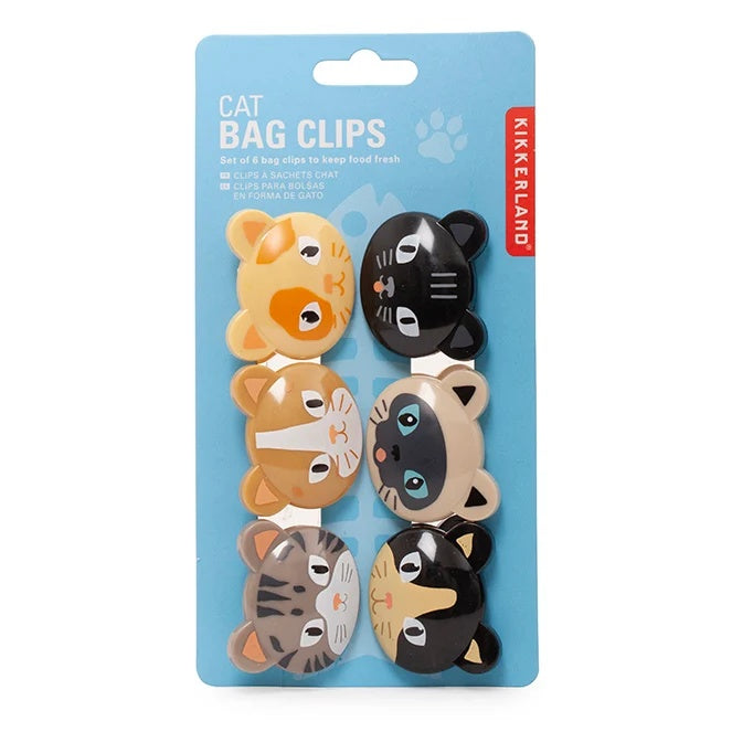Kikkerland Bagclips Katten Mix - 6 stuks, verpakking op witte achtergrond