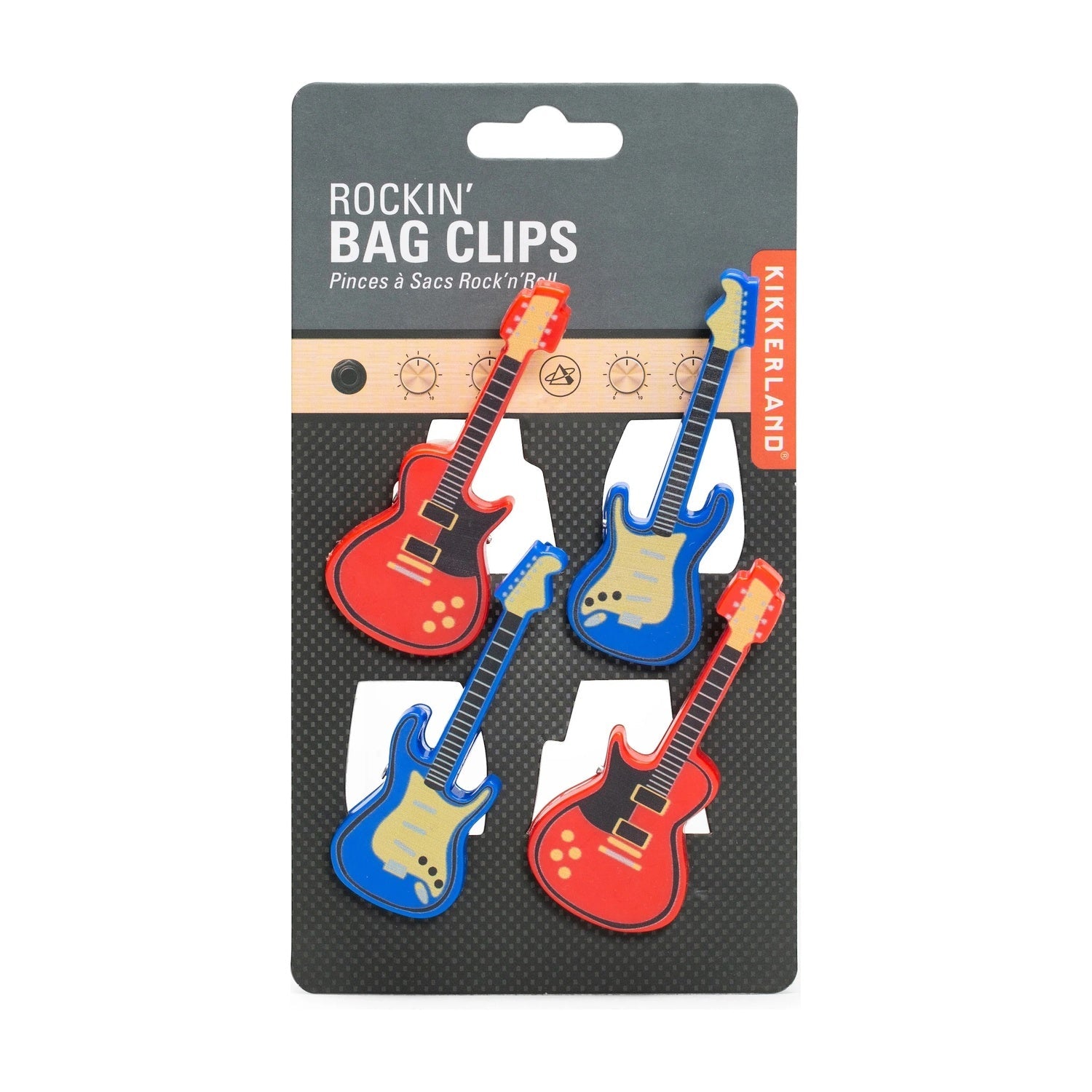 Kikkerland Bagclips Gitaren - 4 stuks, verpakking op witte achtergrond