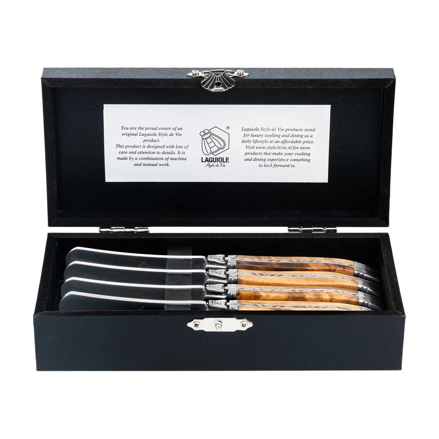 Laguiole Style de Vie Luxury Line Botermessen 4-delig - Olijfhout op witte achtergrond