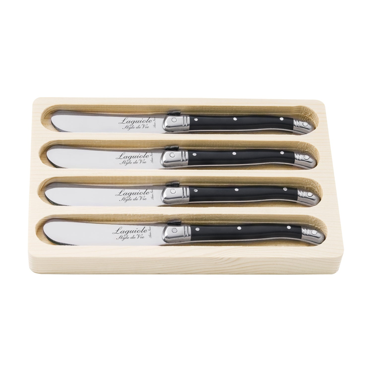 Laguiole Style de Vie Premium Line Botermessen 4-delig - Zwart op witte achtergrond
