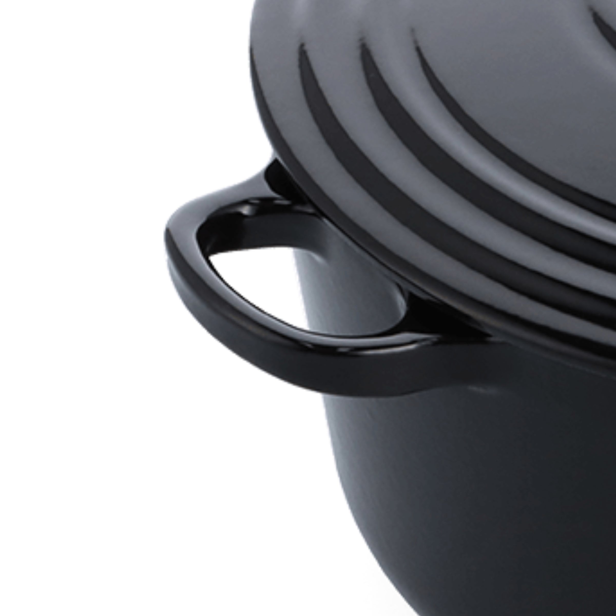 Bovenaanzicht van de zwarte deksel van de BK Bourgogne braadpan met RVS knop