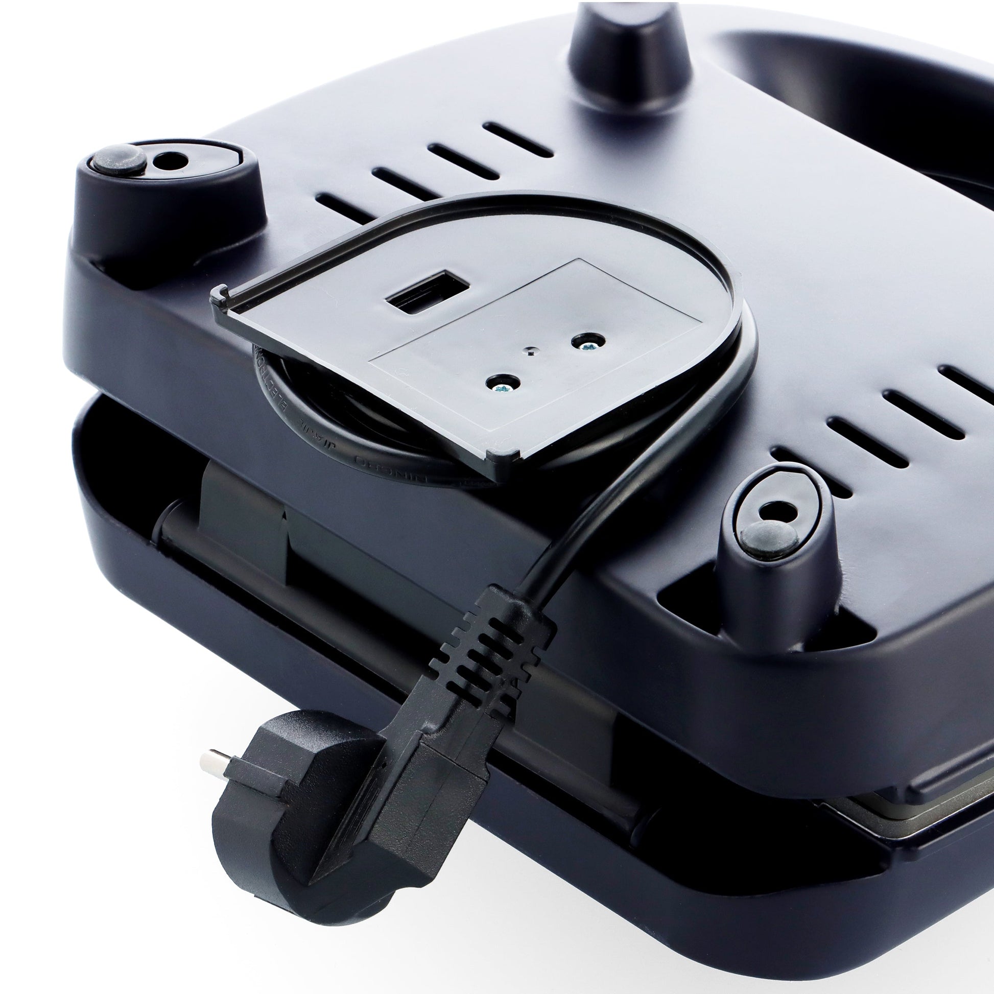 Onderkant van de zwarte BK Connect 3-in-1 grill met stekker en snoer.