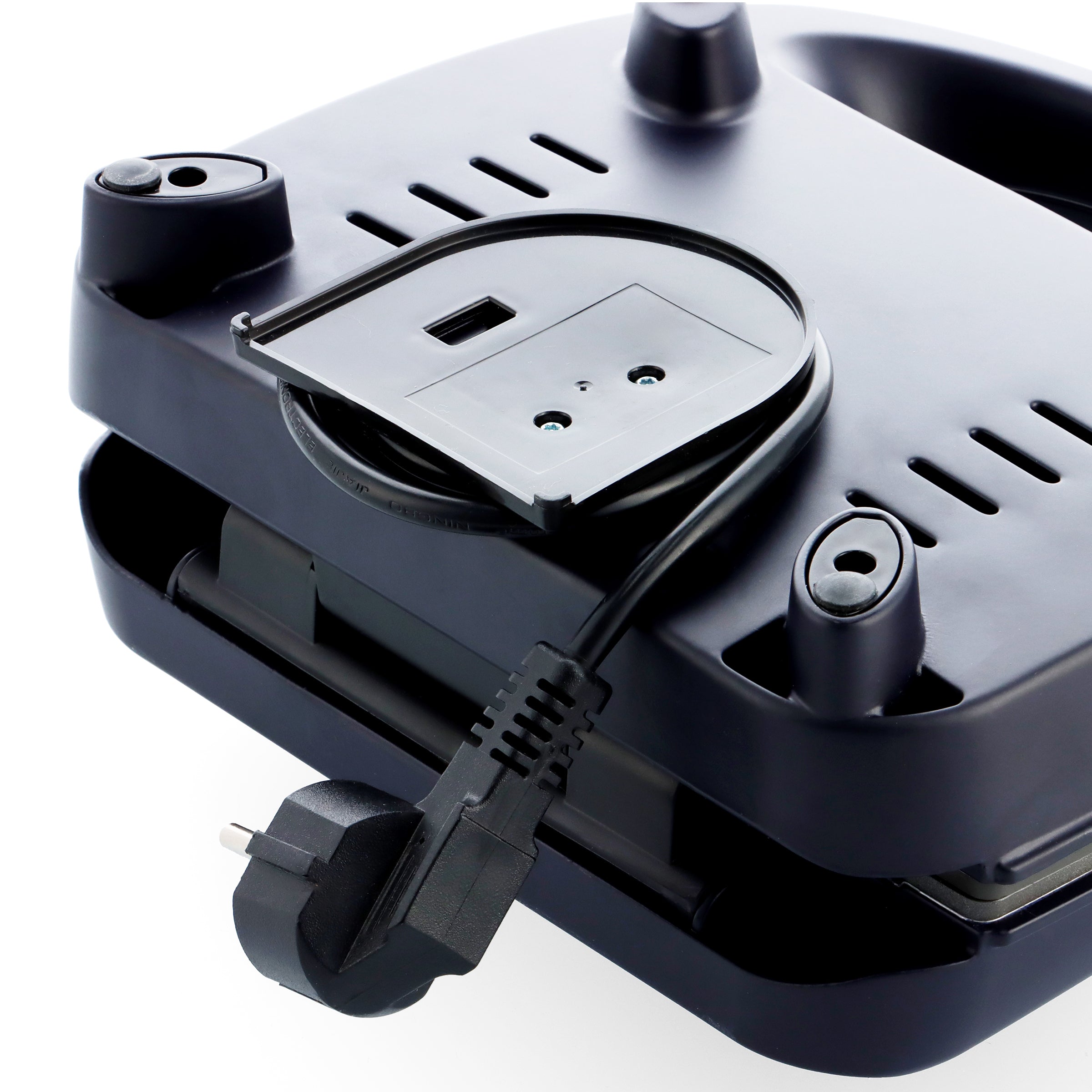 Onderkant van de zwarte BK Connect 3-in-1 grill met stekker en snoer.